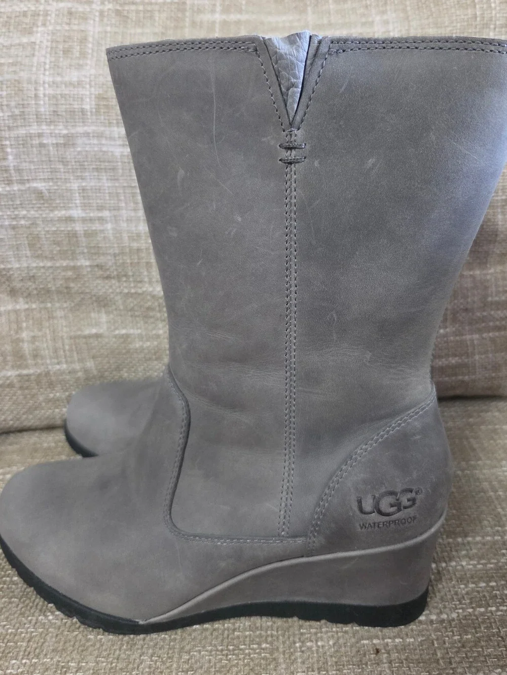 UGG Joely Waterproof Leather Wedge Boots Grey Mid Calf Womens Size 6.5 NWT New